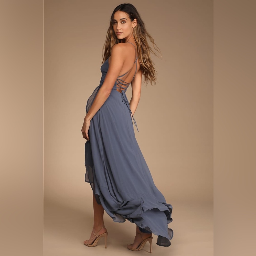 NWOT Lulu’s In Love Forever Granite Blue Lace-Up High-Low Maxi Dress - Small